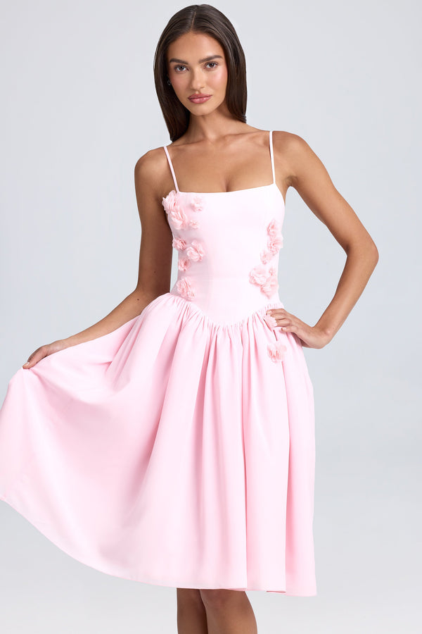 Blush Rengi Çiçek Aplikeli Midi Elbise