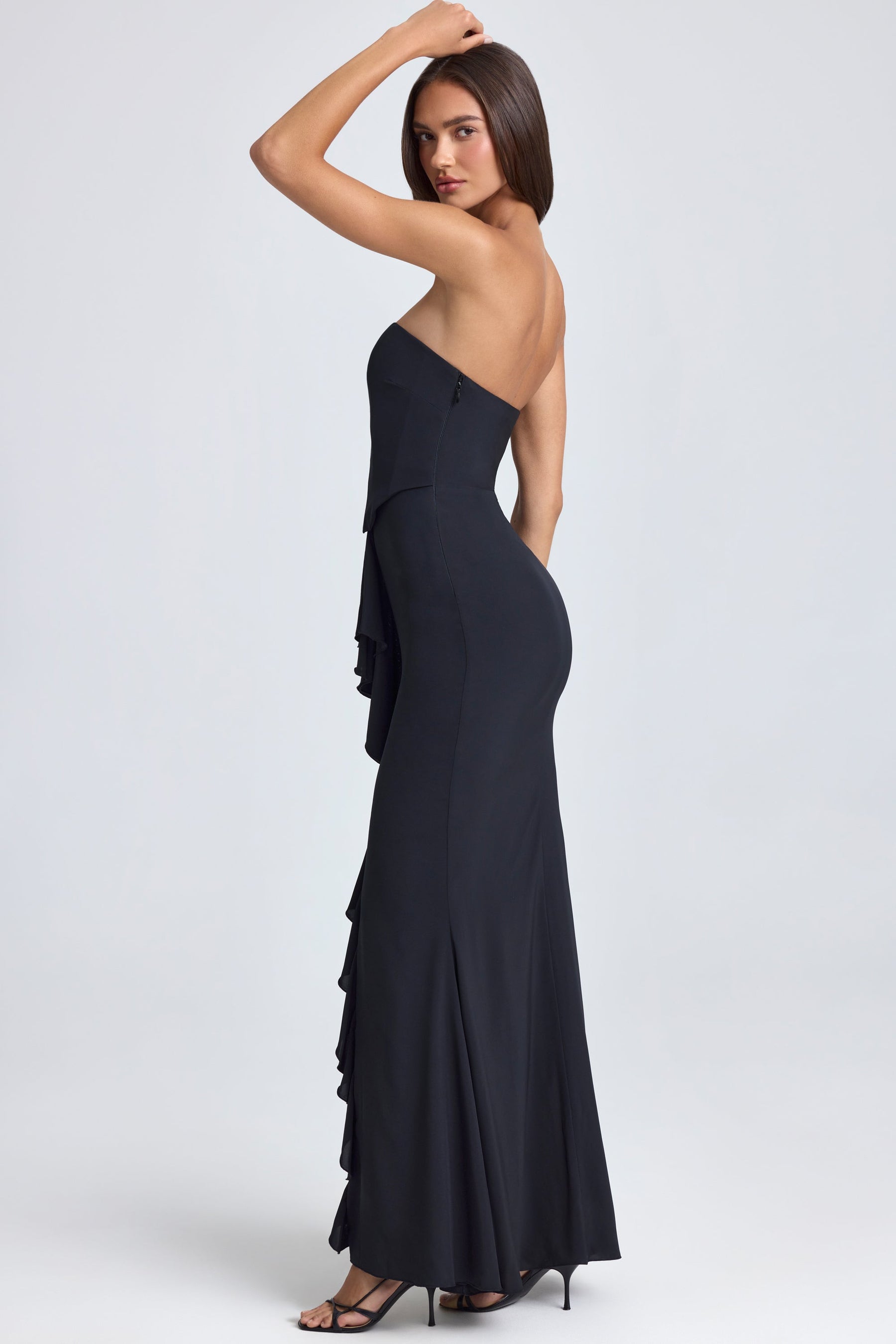 Siyah Renk, Fırfır Detaylı Bandeau Korse Elbise