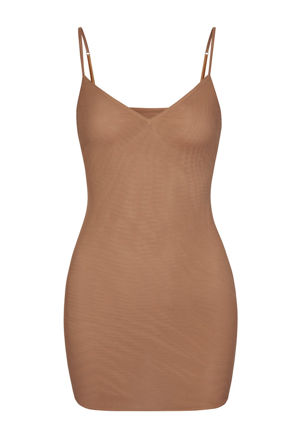 Bal Rengi Yumuşak File V Yaka Mini Slip Elbise