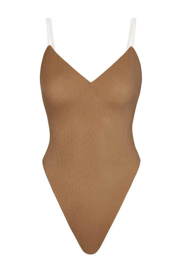 Badem Rengi Yumuşak File V Yaka Bodysuit