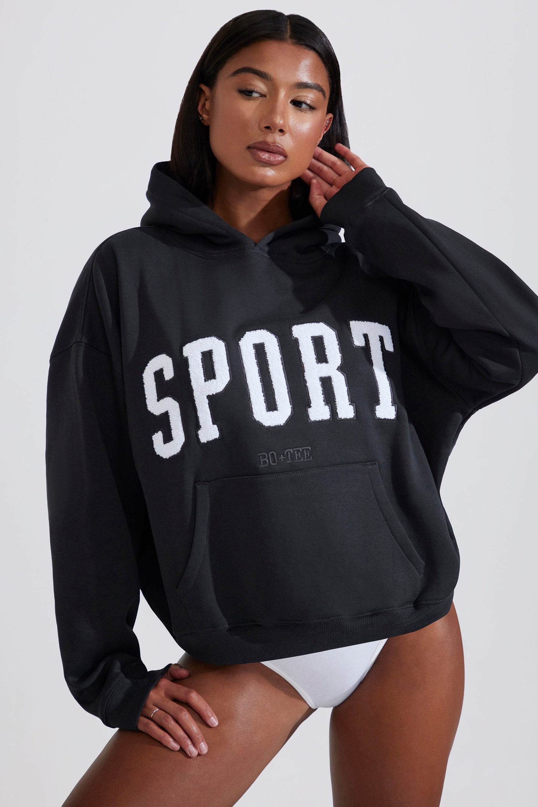 Siyah Renkli Yumuşak Pamuklu Polar Oversize Kapüşonlu Sweatshirt