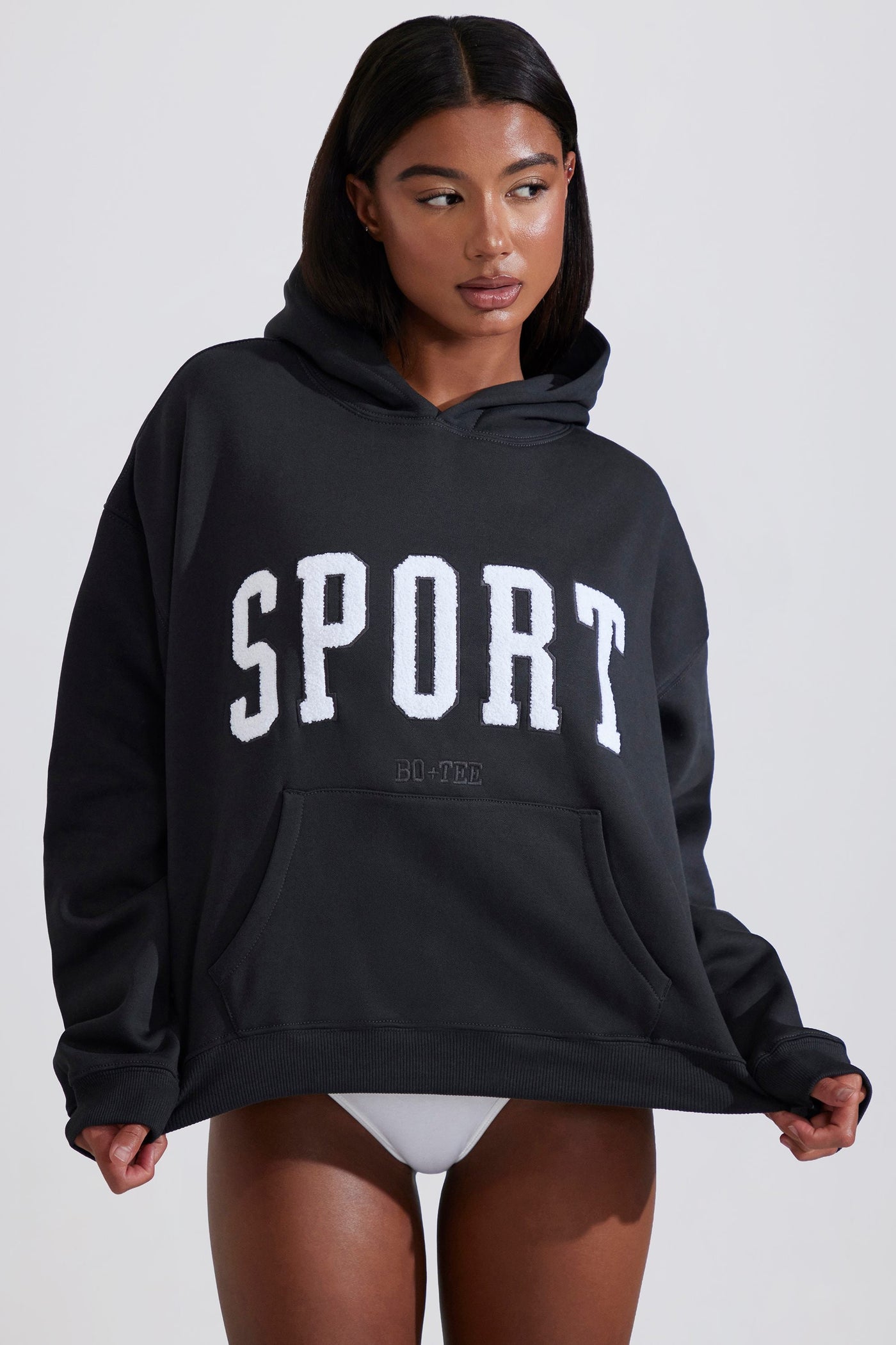 Siyah Renkli Yumuşak Pamuklu Polar Oversize Kapüşonlu Sweatshirt