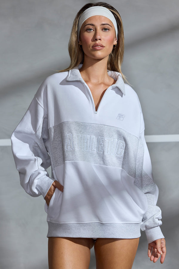 Beyaz Büyük Boy Yarım Fermuarlı Panel Sweatshirt