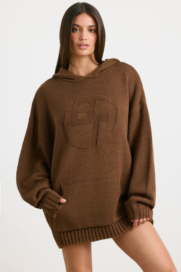 Espresso Rengi Büyük Boy Kalın Örgü Kapüşonlu Sweatshirt