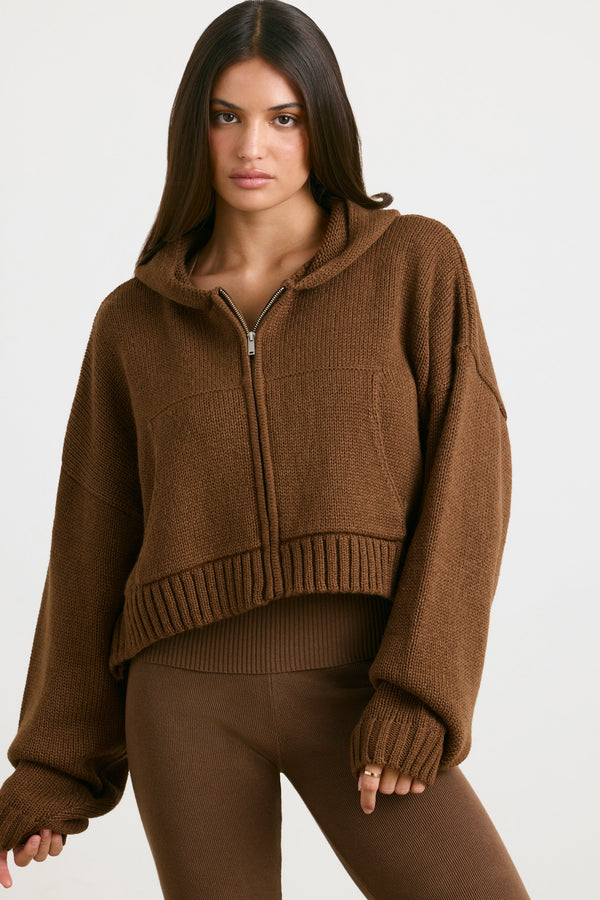 Espresso Rengi Kısa Fermuarlı Kalın Örgü Kapüşonlu Sweatshirt