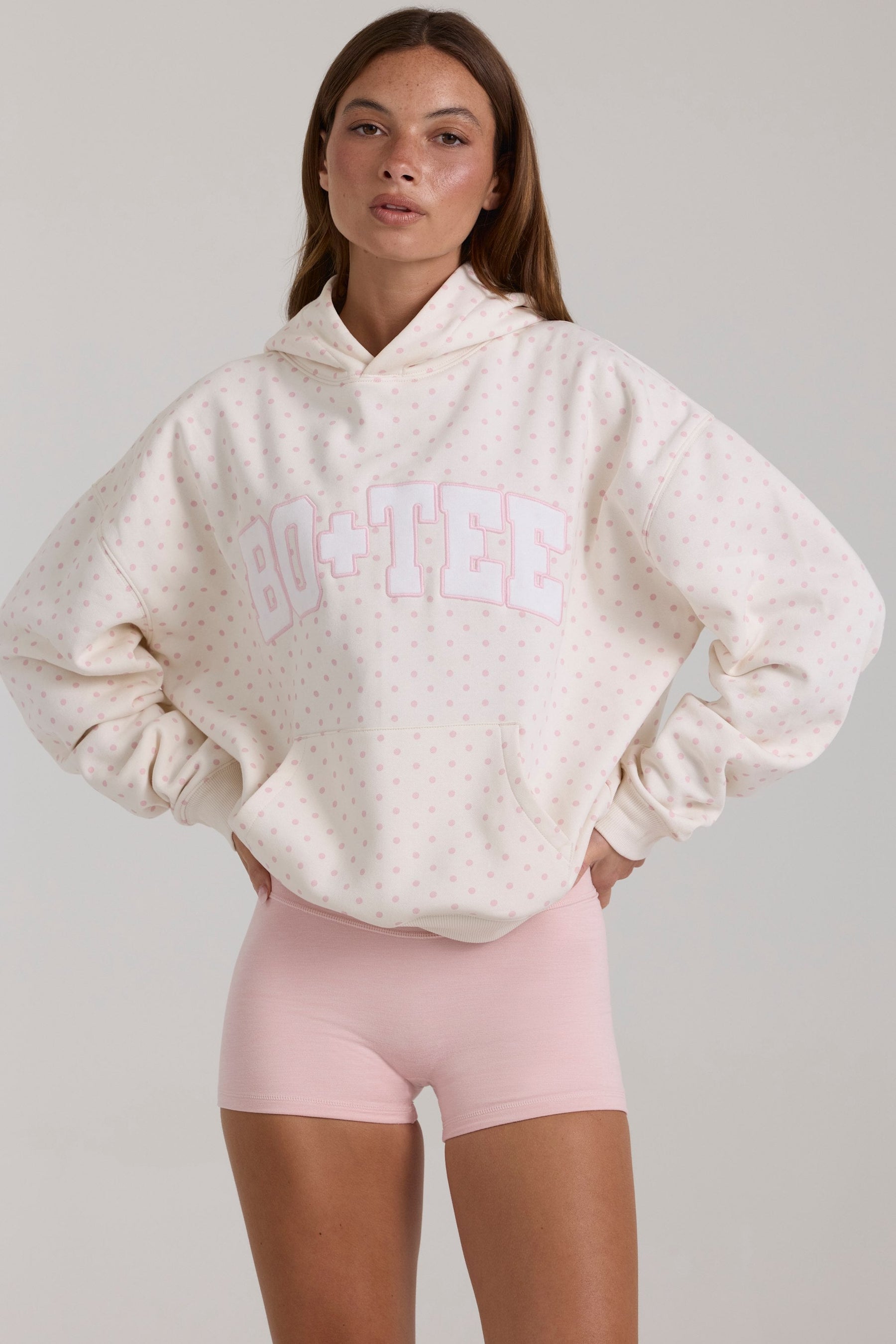 Fildişi Puantiyeli Büyük Beden Aplike Kapüşonlu Sweatshirt