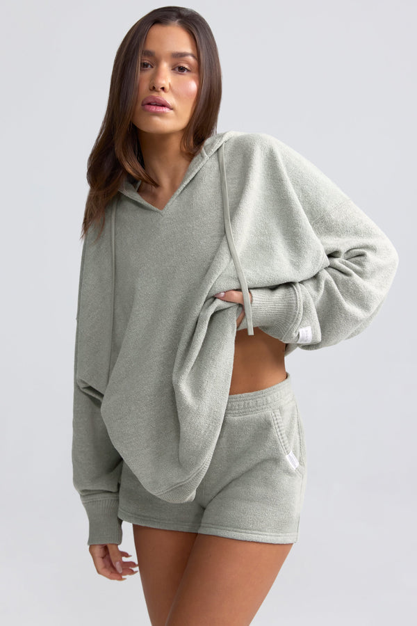 Adaçayı Grisi Havlu V Yaka Kapüşonlu Sweatshirt