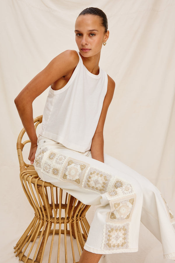 Getty Crop Geniş Paça - Vıntage Ekru Tığ İşi