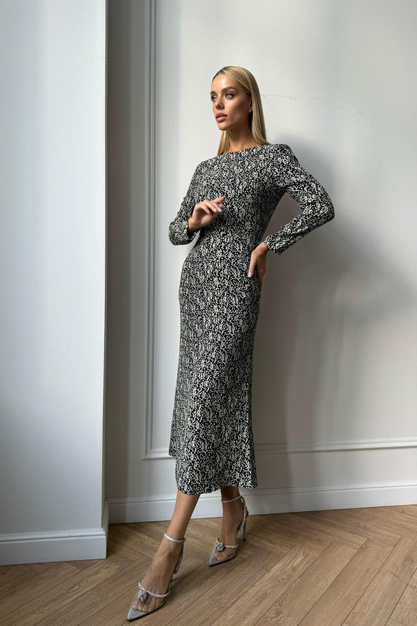 Godet Silhouette Uzun Kollu Çiçekli Midi Elbise