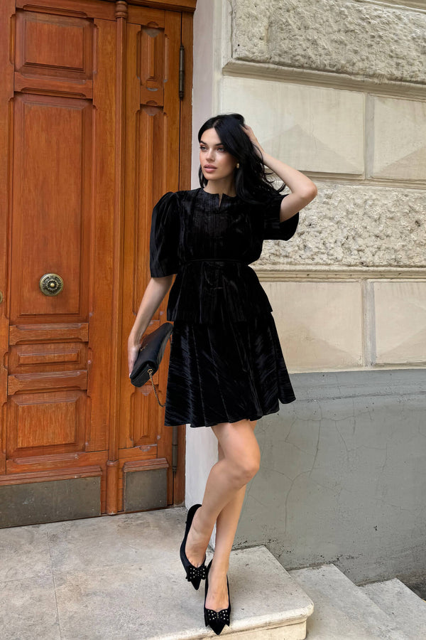 Kadife Büzgülü Mini Etek