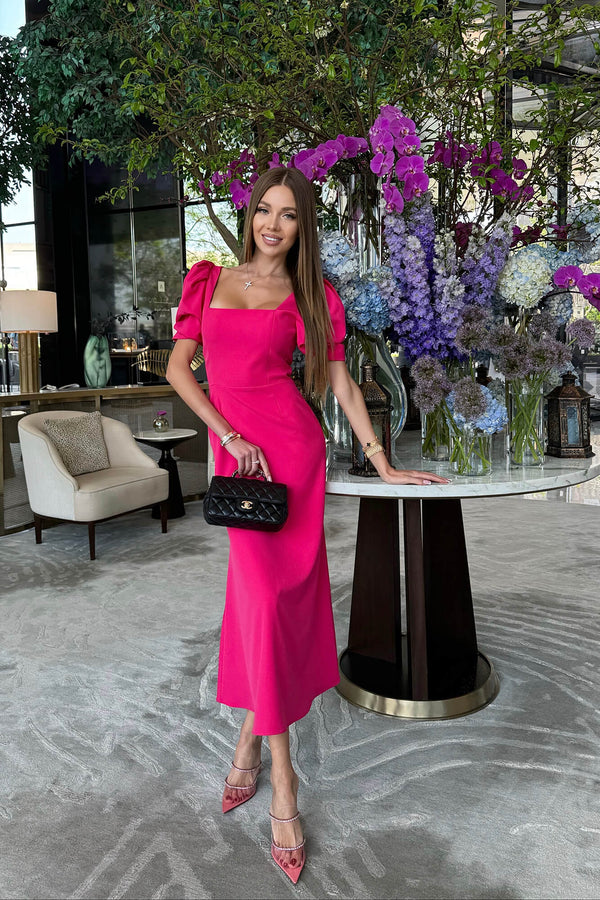 Godet Silhouette Kare Yaka Midi Elbise