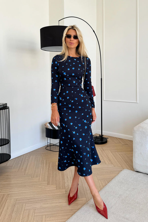 Godet Silhouette Uzun Kollu Çiçekli Midi Elbise