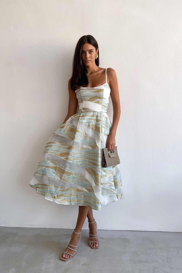 Jakarlı Altın Baskılı Büstiyer Elbise