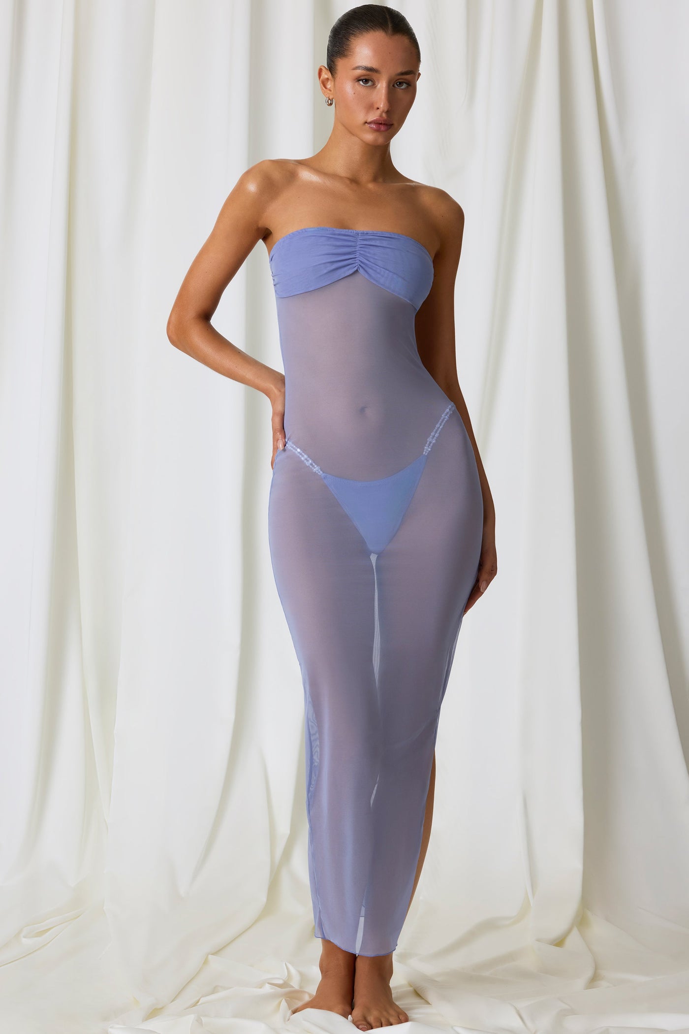 Lavanta Mor Dantelli Bandeau Midi Elbise