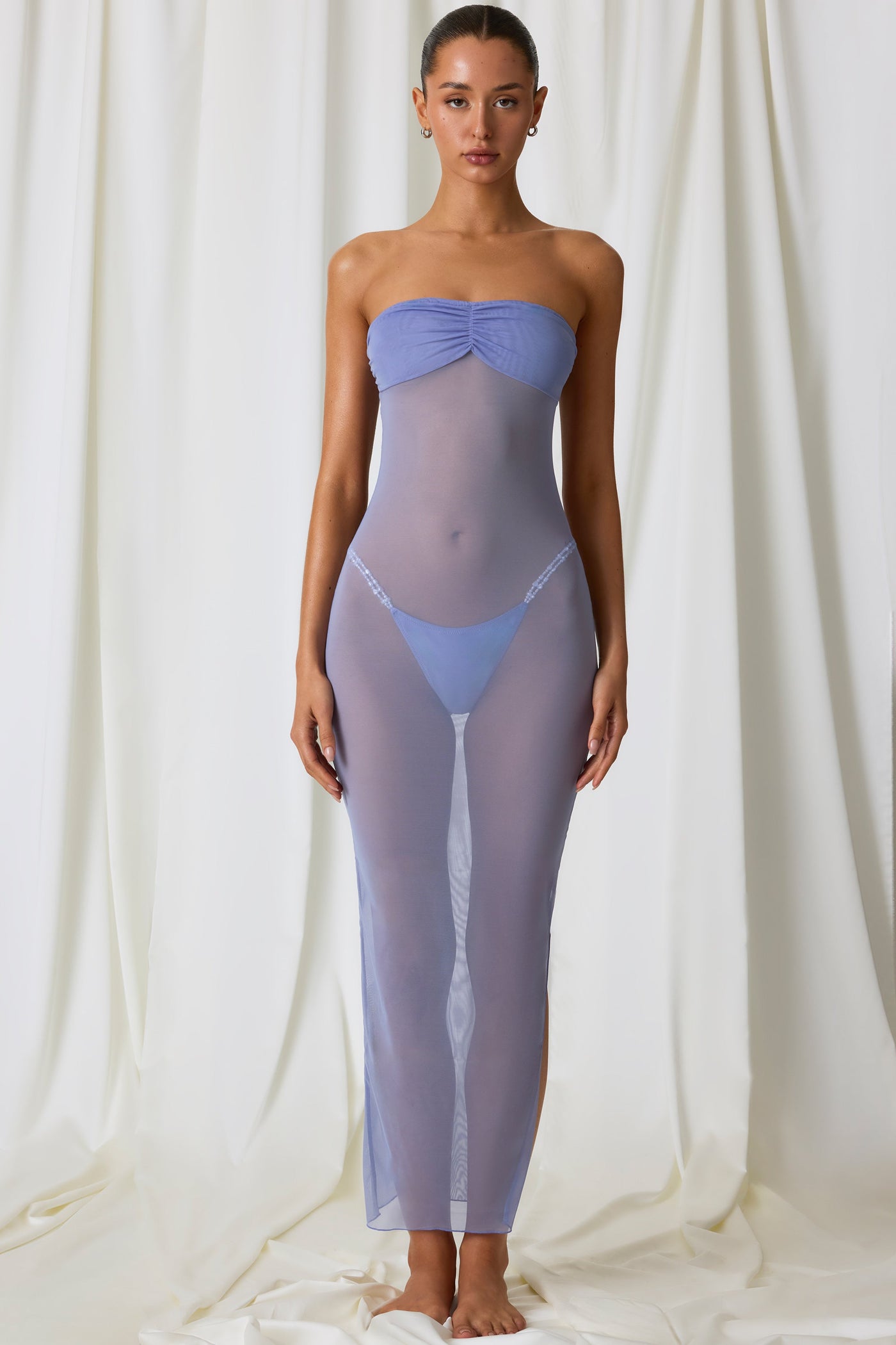 Lavanta Mor Dantelli Bandeau Midi Elbise