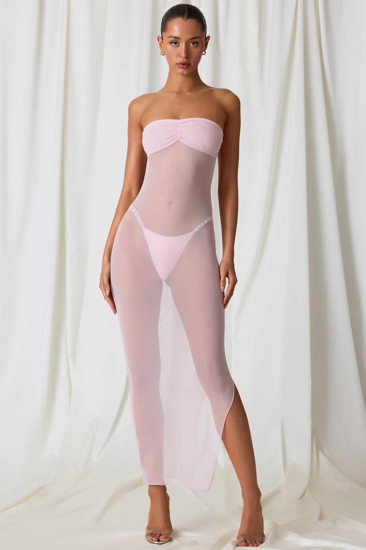 Soft Pembe Dantelli Bandeau Midi Elbise