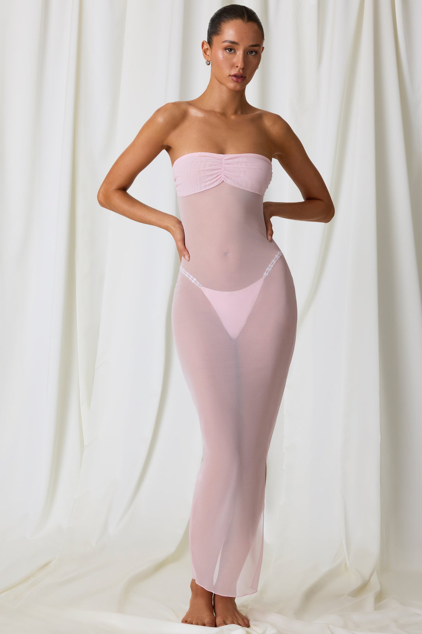 Soft Pembe Dantelli Bandeau Midi Elbise