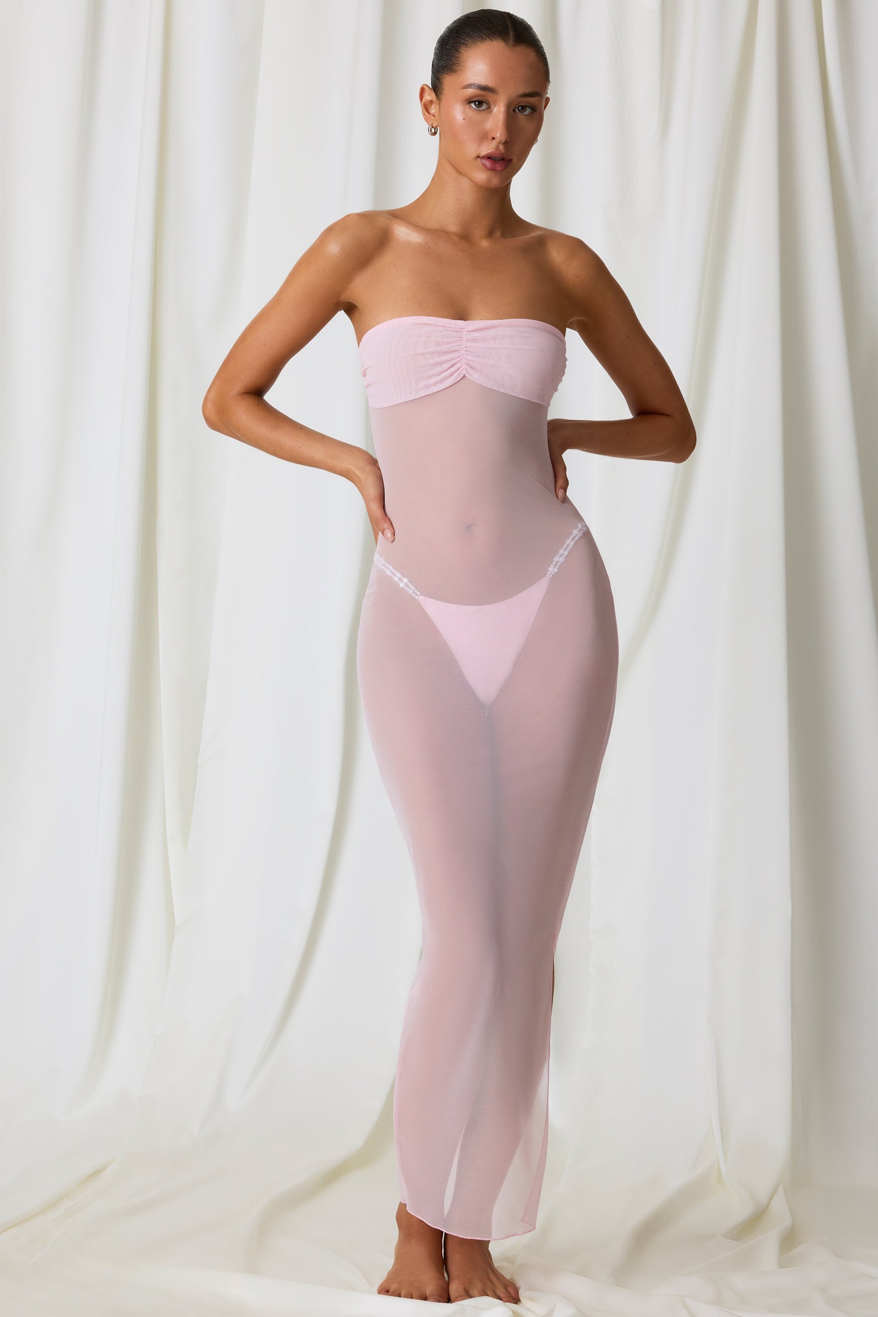 Soft Pembe Dantelli Bandeau Midi Elbise