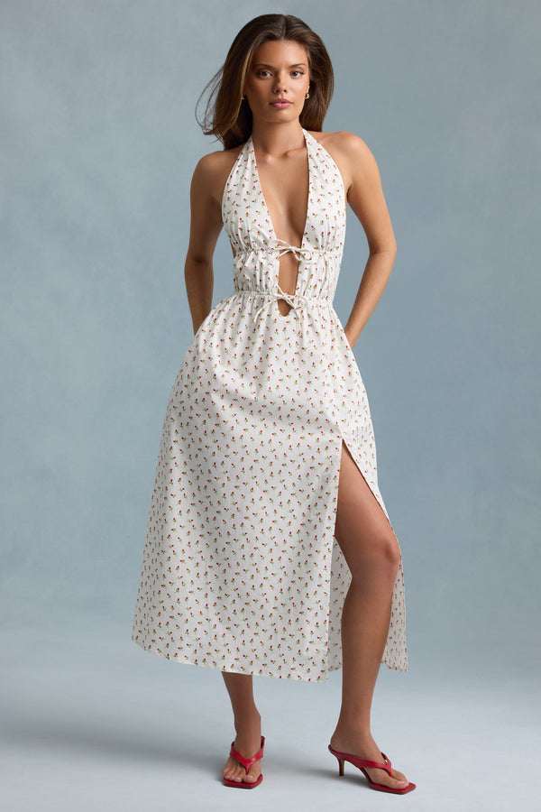 Gül Desenli Sırtı Açık Pamuklu Poplin Uzun Elbise