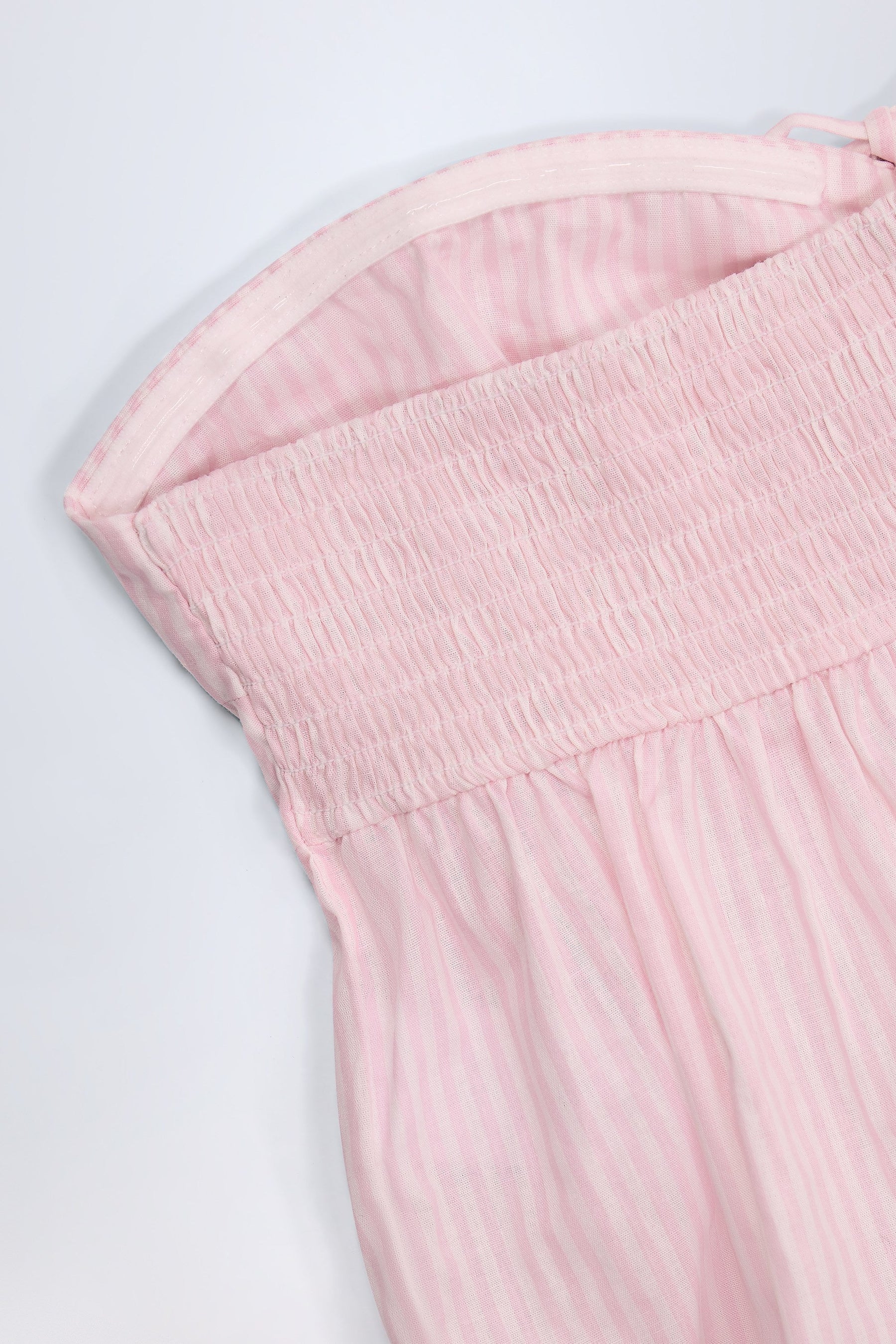 Önden Bağlamalı, Askısız, Pembe Beyaz Çizgili Pamuklu Poplin Kısa Bluz