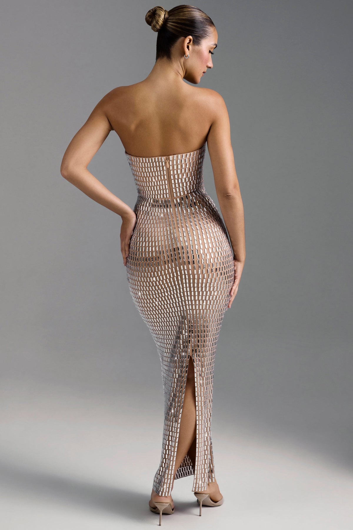 Badem Rengi İşlemeli Bandeau Maxi Elbise