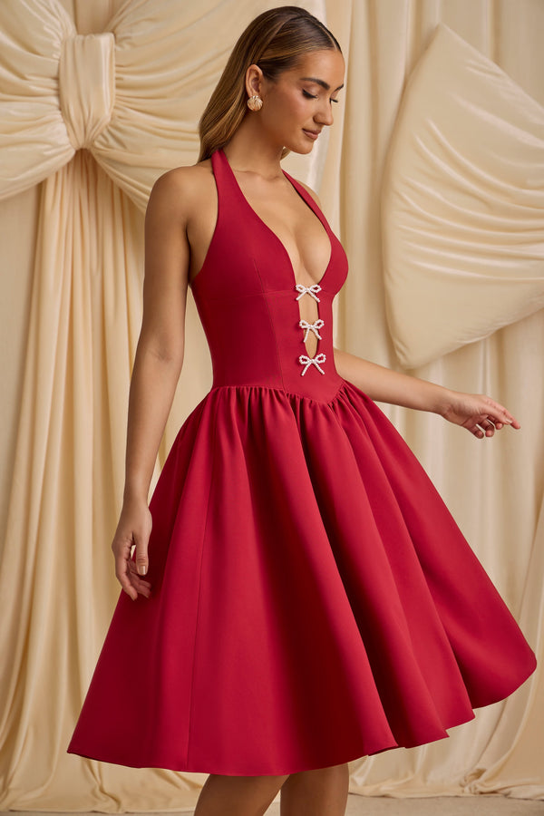 Gerçek Kırmızı Halter Yaka Fiyonk Detaylı Midi Elbise