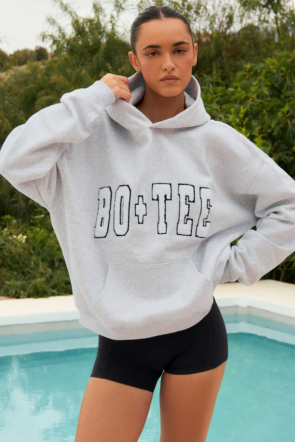 Heather Grey Aplikeli Büyük Boy Kapüşonlu Üst