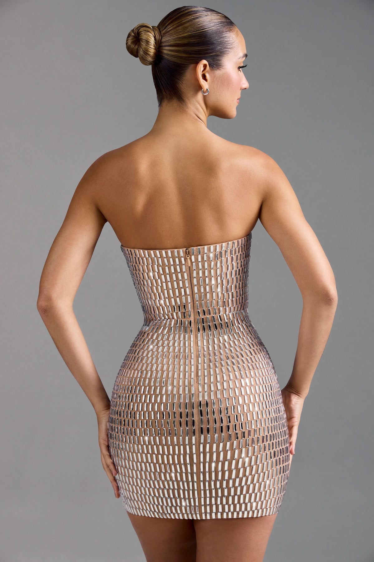 Badem Rengi İşlemeli Bandeau Mini Elbise