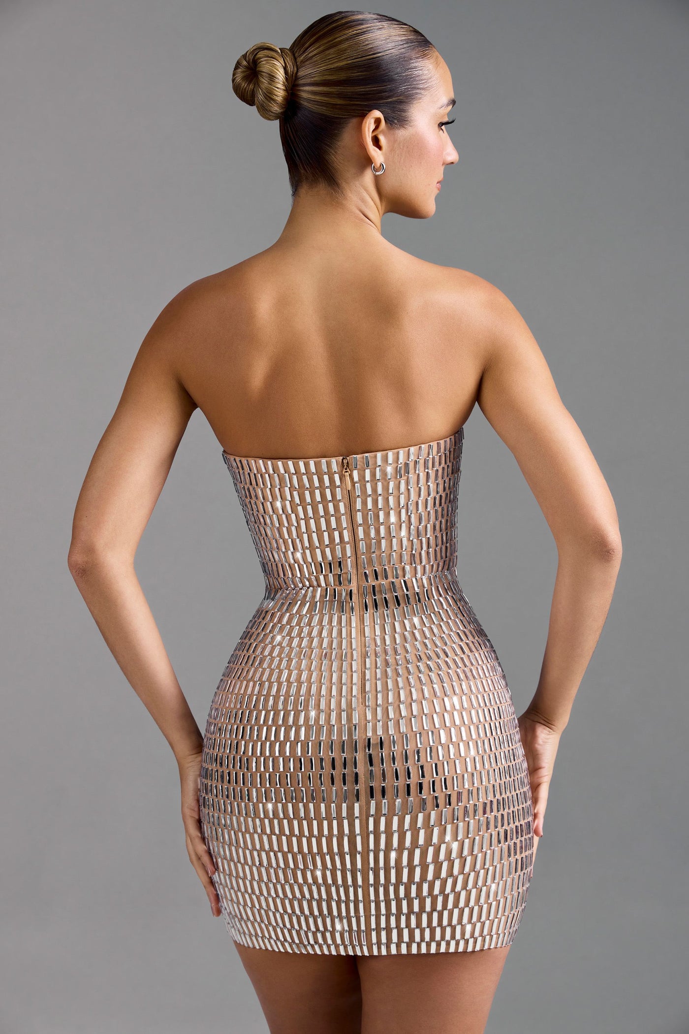 Badem Rengi İşlemeli Bandeau Mini Elbise