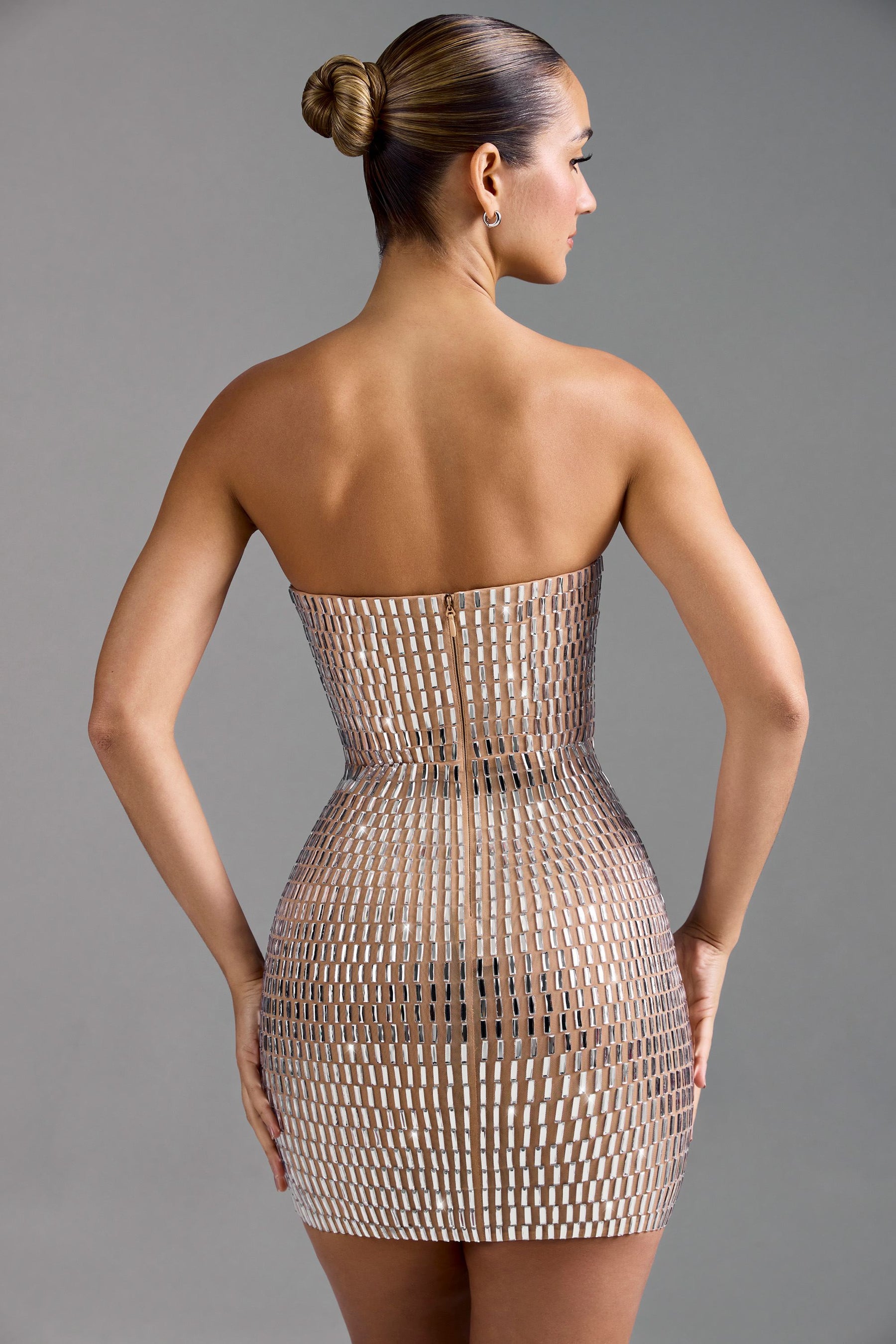 Badem Rengi İşlemeli Bandeau Mini Elbise