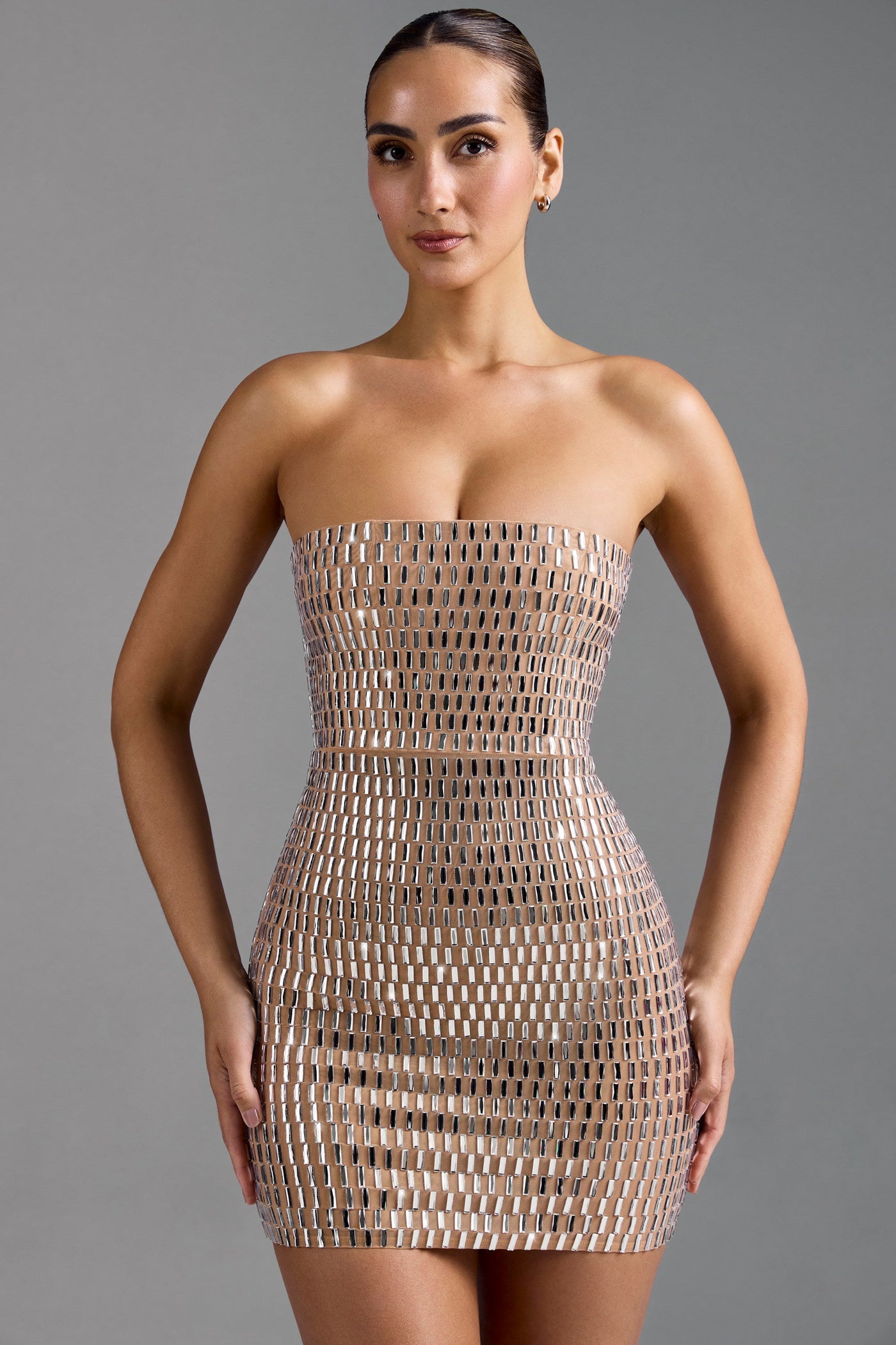 Badem Rengi İşlemeli Bandeau Mini Elbise