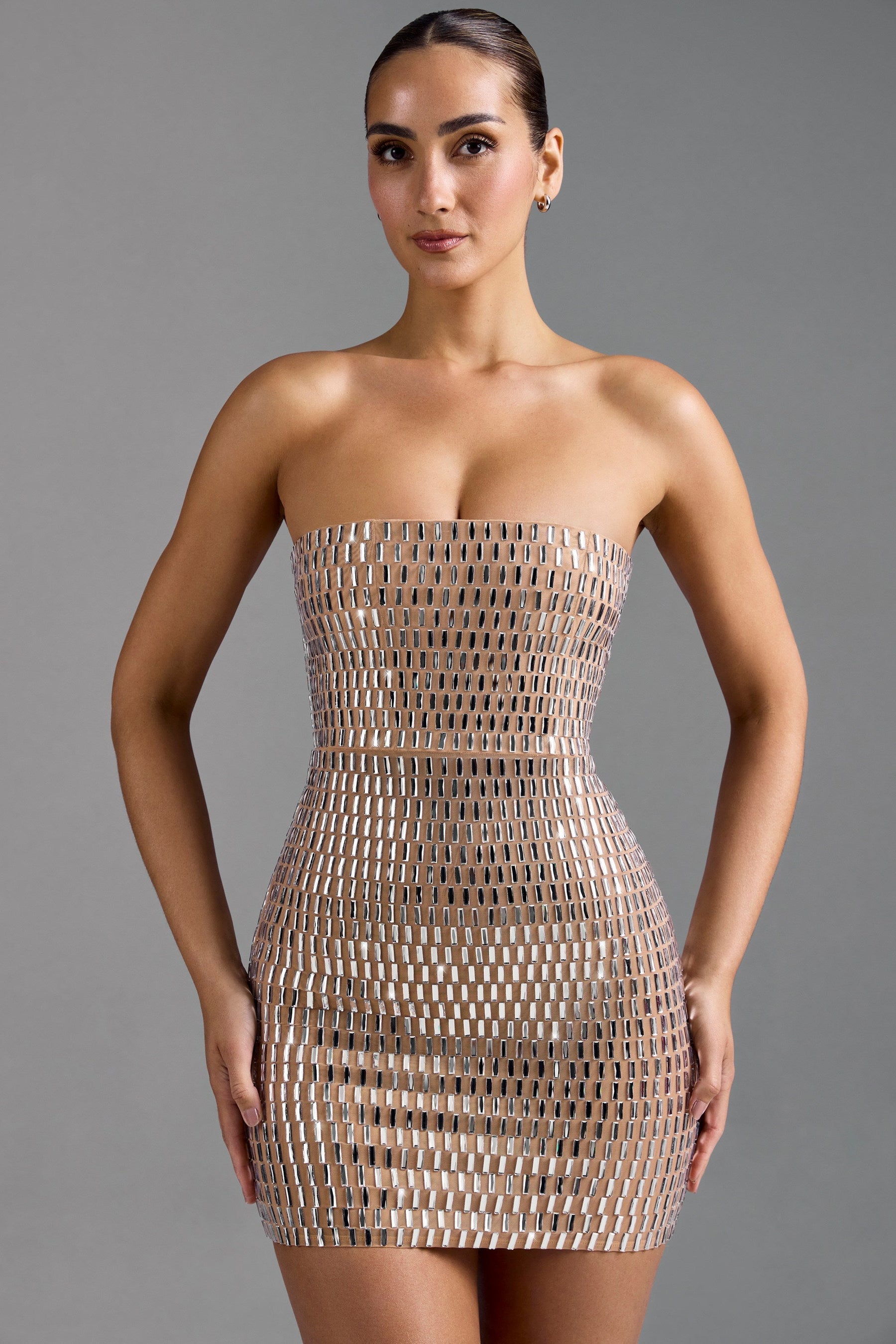 Badem Rengi İşlemeli Bandeau Mini Elbise