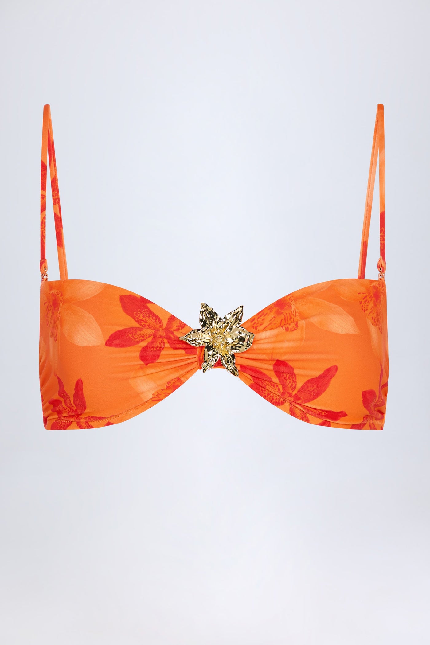 Metal Detaylı, Askılı, Turuncu Orkide Desenli Bikini Üstü.