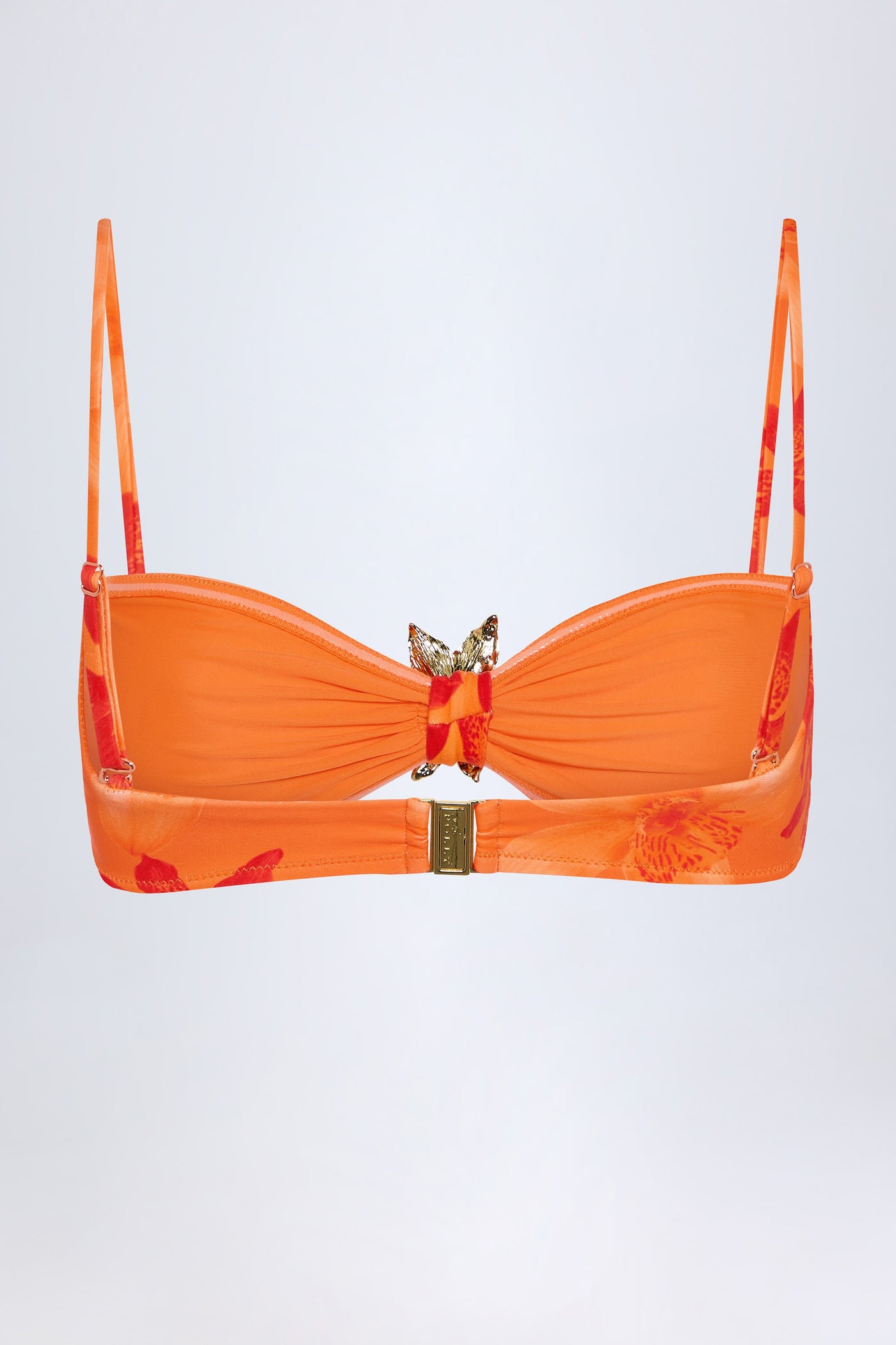 Metal Detaylı, Askılı, Turuncu Orkide Desenli Bikini Üstü.