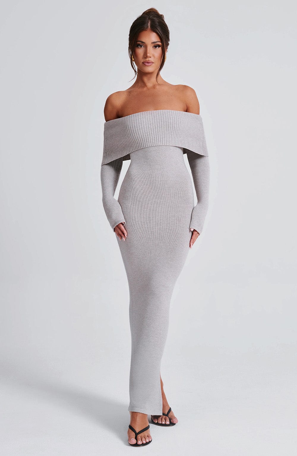 Beverley Örme Maxi Elbise - Açık Gri Melanj