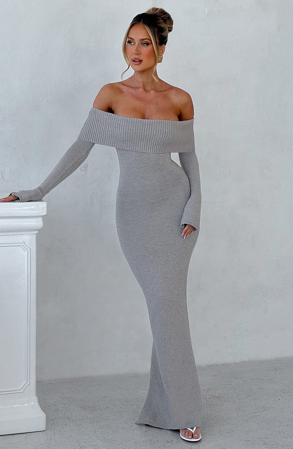 Beverley Örme Maxi Elbise - Açık Gri Melanj
