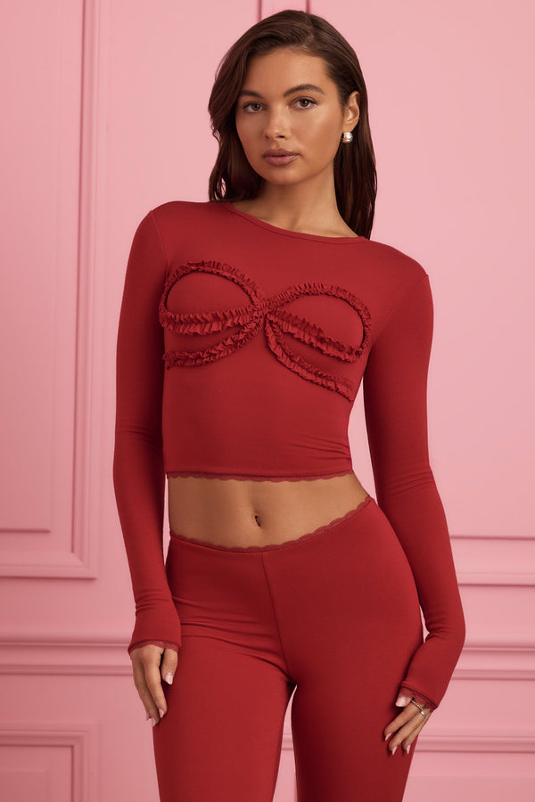 Yakut Kırmızısı Dantel Aplikeli Pijama Üstü