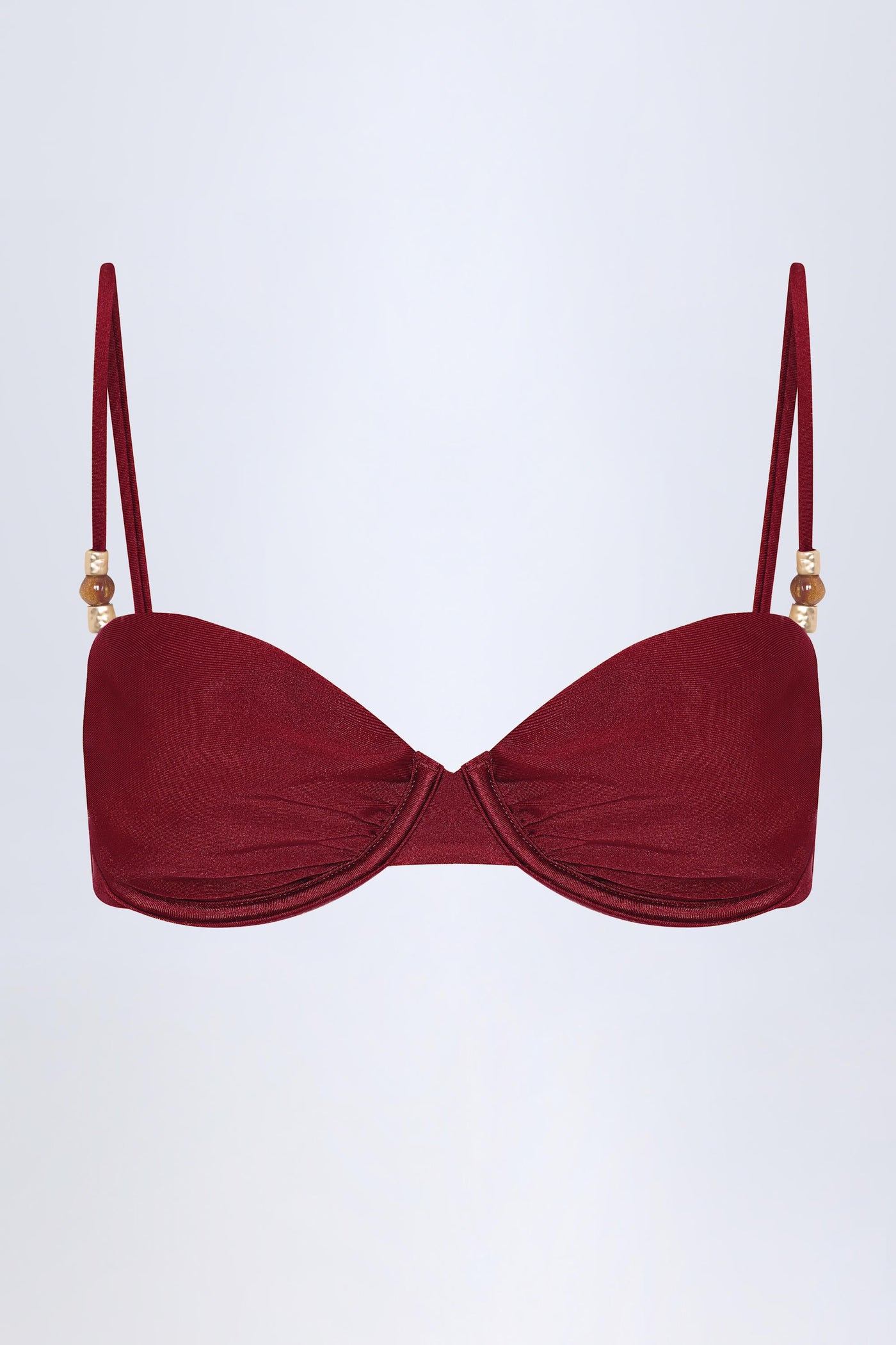 Boncuk İşlemeli, Büzgülü, Balenli, Koyu Kiraz Rengi Bikini Üstü