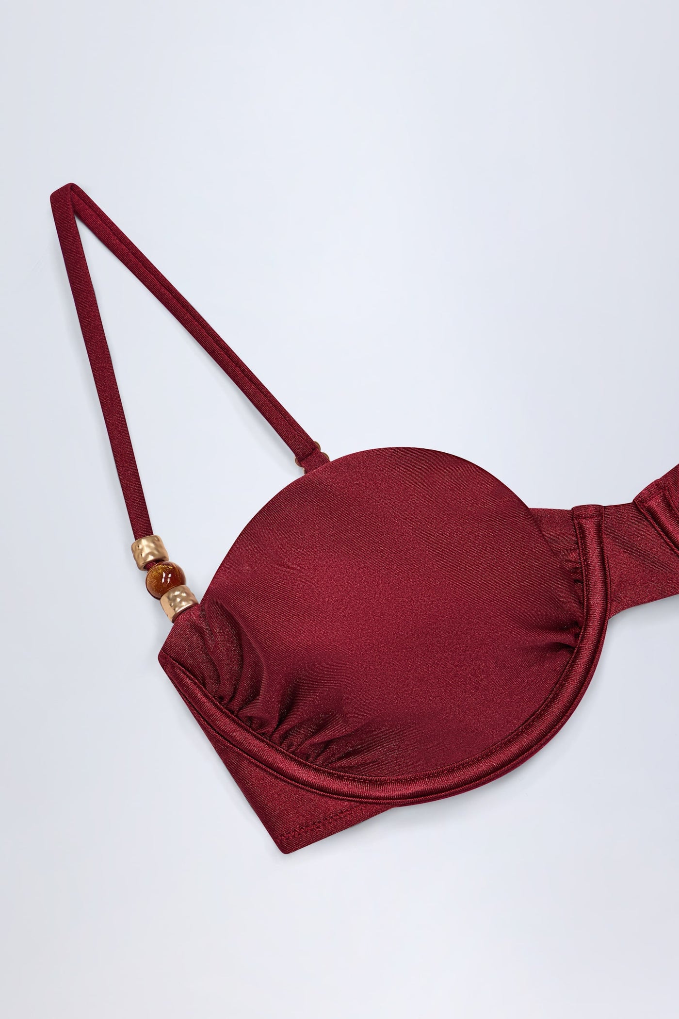 Boncuk İşlemeli, Büzgülü, Balenli, Koyu Kiraz Rengi Bikini Üstü