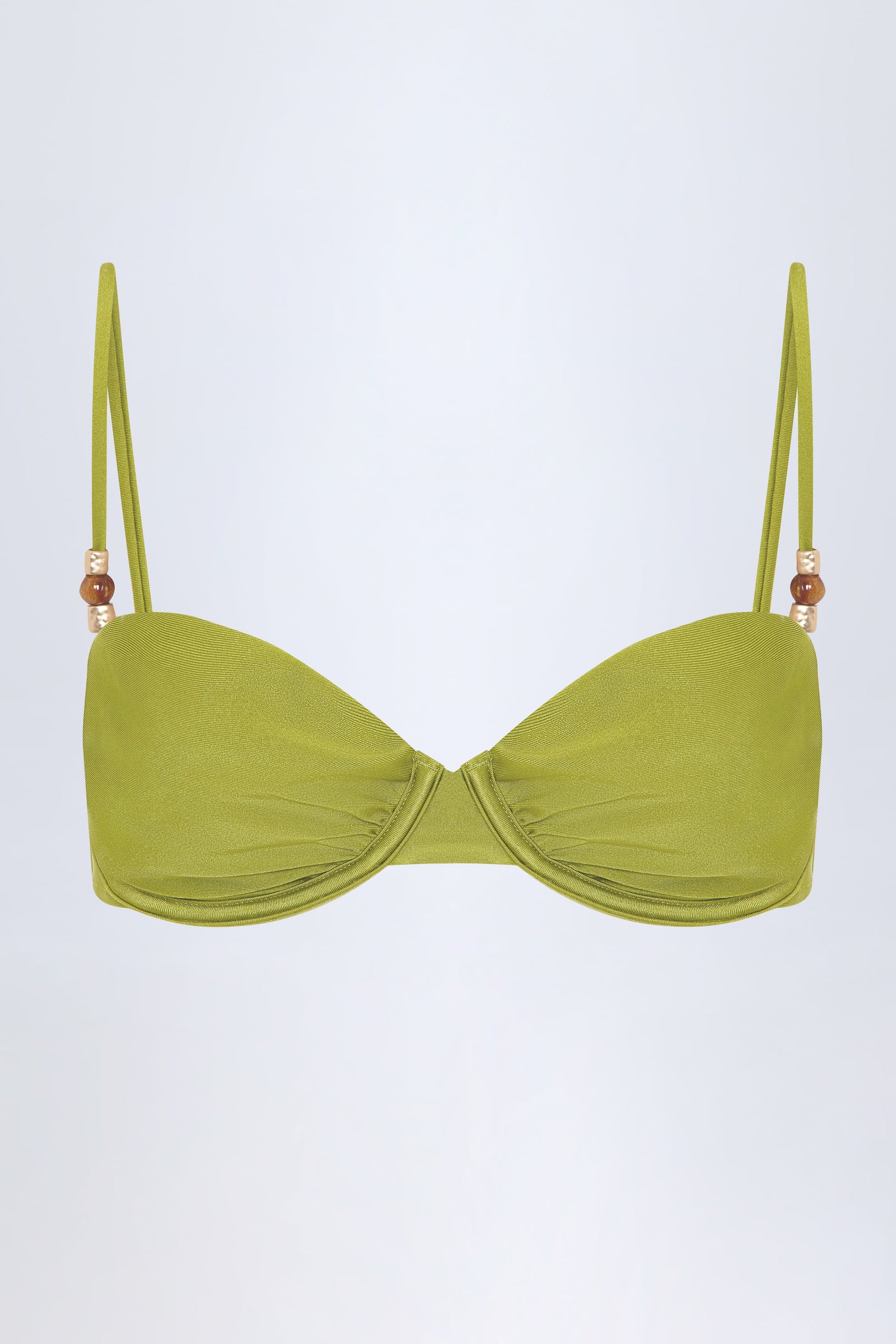 Zeytin Yeşili Renkte, Boncuk İşlemeli, Büzgülü, Balenli Bikini Üstü.