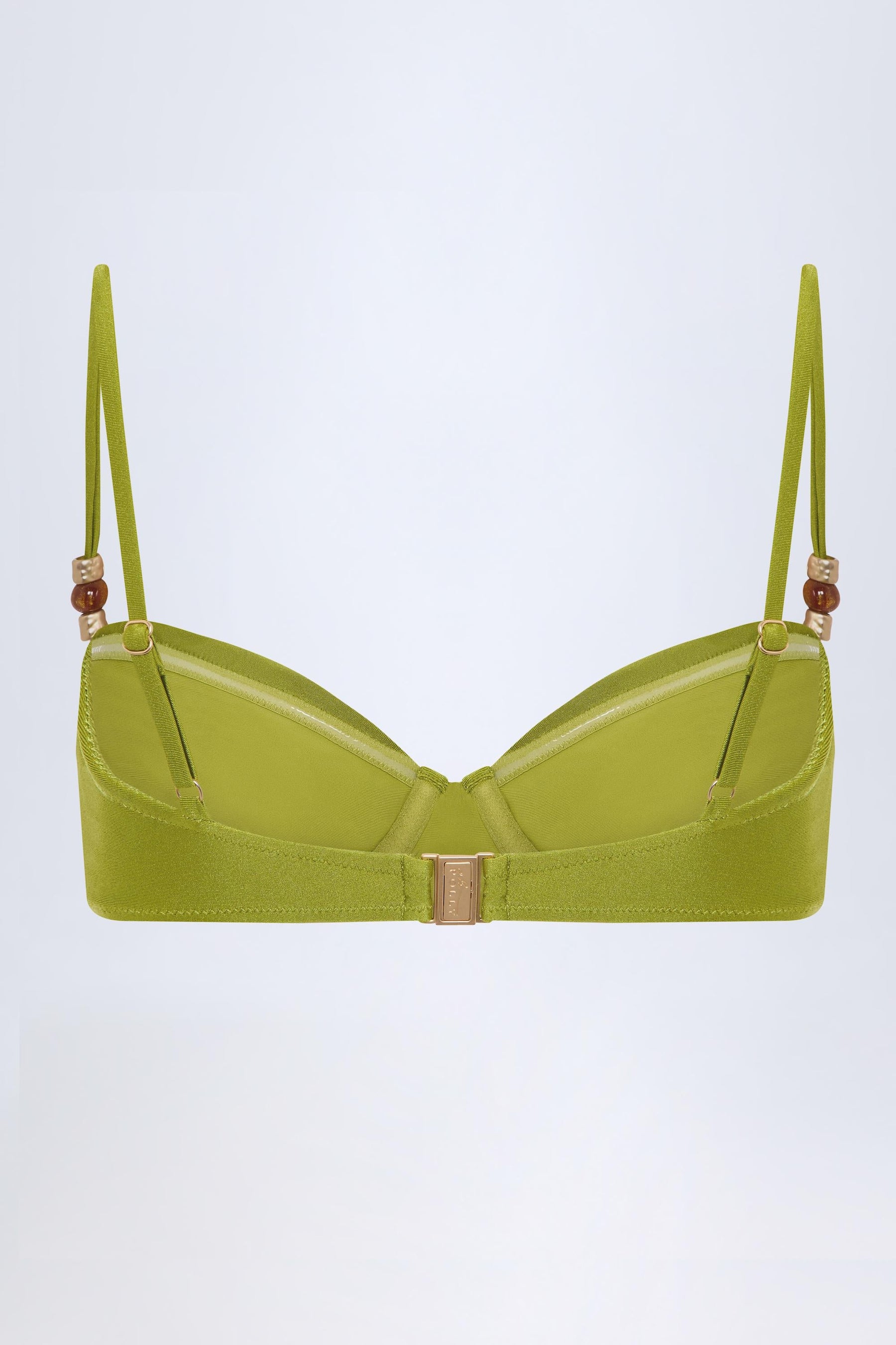 Zeytin Yeşili Renkte, Boncuk İşlemeli, Büzgülü, Balenli Bikini Üstü.
