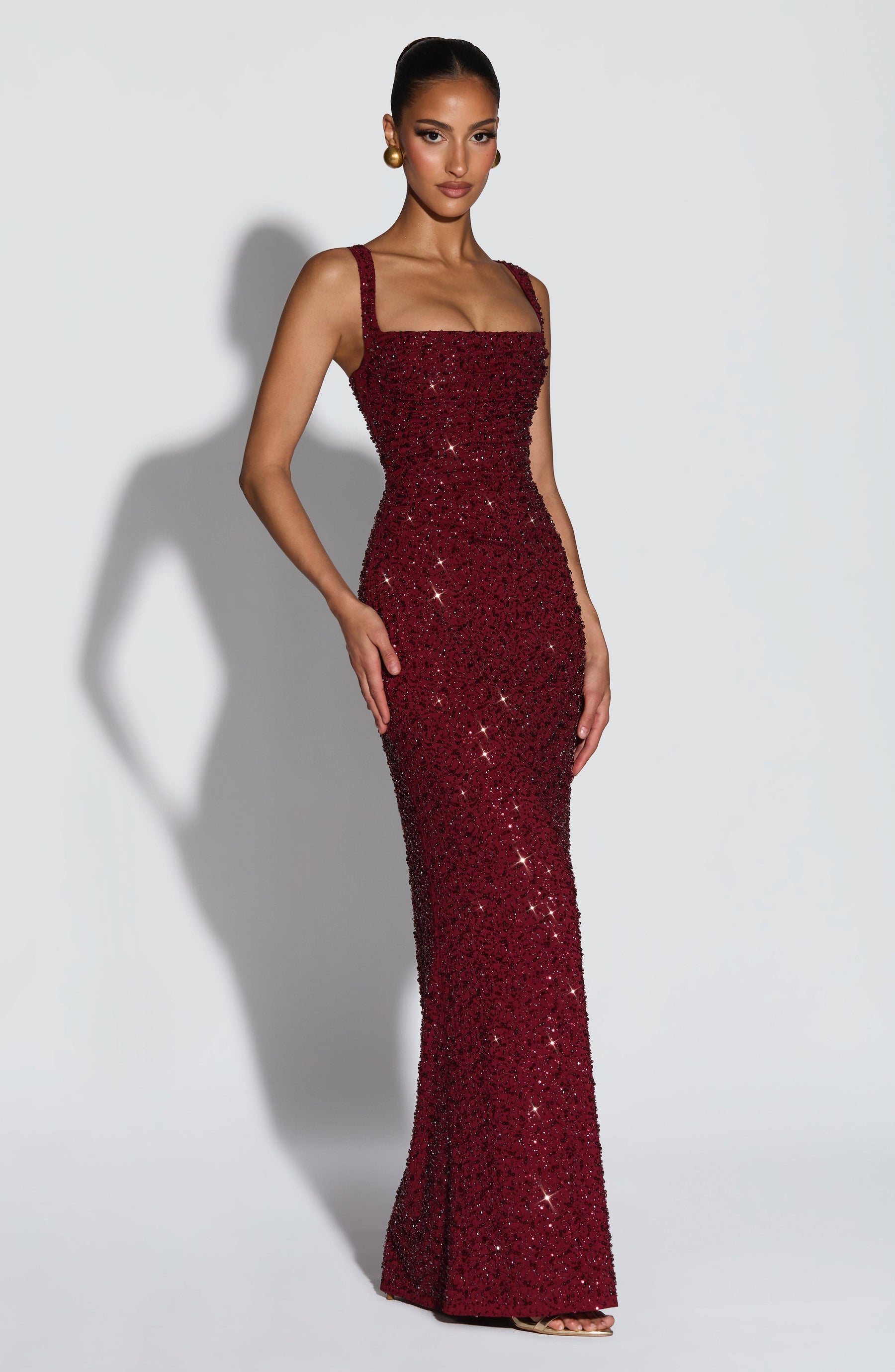 Calanthe Maxi Elbise - Bordo Parıltılı