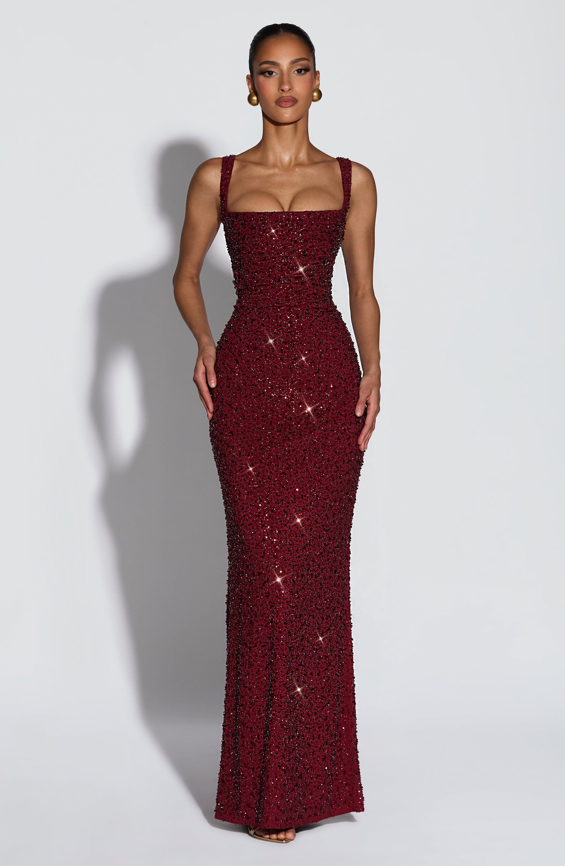 Calanthe Maxi Elbise - Bordo Parıltılı