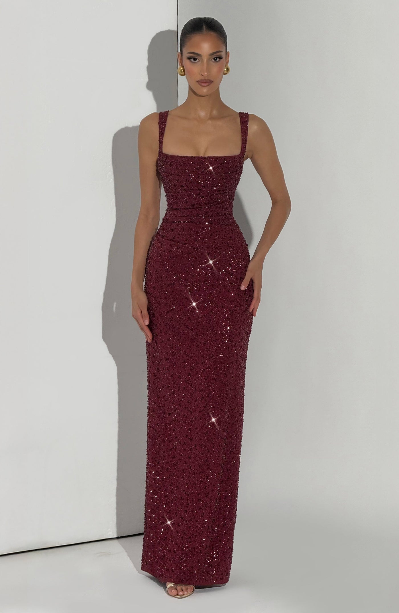 Calanthe Maxi Elbise - Bordo Parıltılı