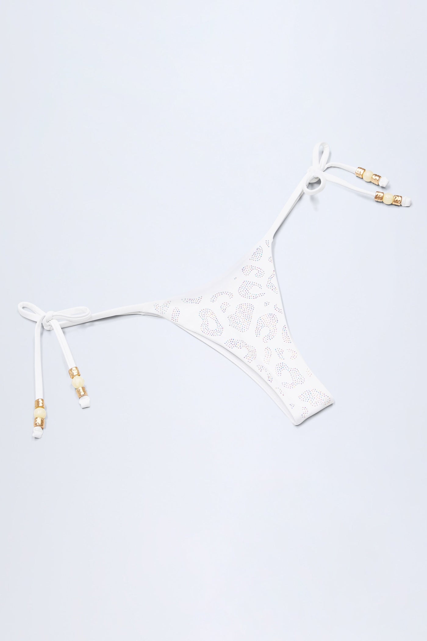 Yandan Bağlamalı Boncuklu Tanga Bikini Altı, Beyaz Leopar Desenli Hotfix