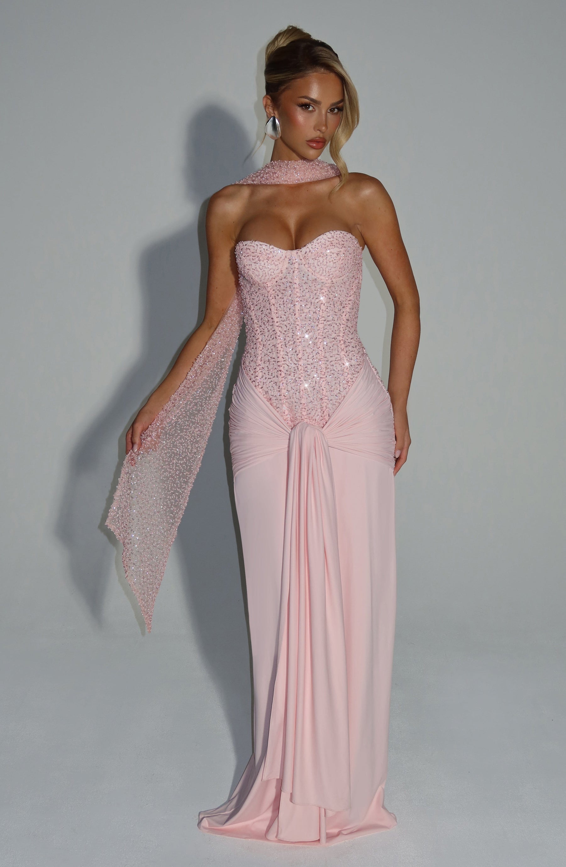 Carina Maxi Elbise - Pudra Pembesi