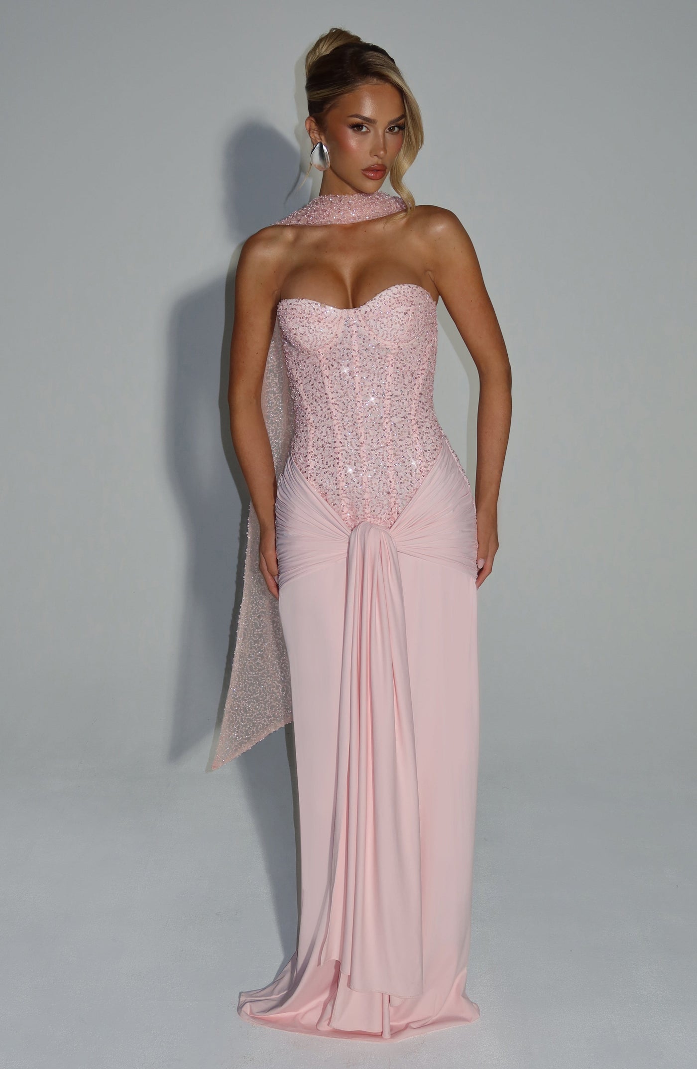 Carina Maxi Elbise - Pudra Pembesi