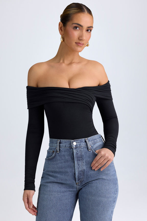 Siyah Modal Omuz Açık Büzgülü Bodysuit