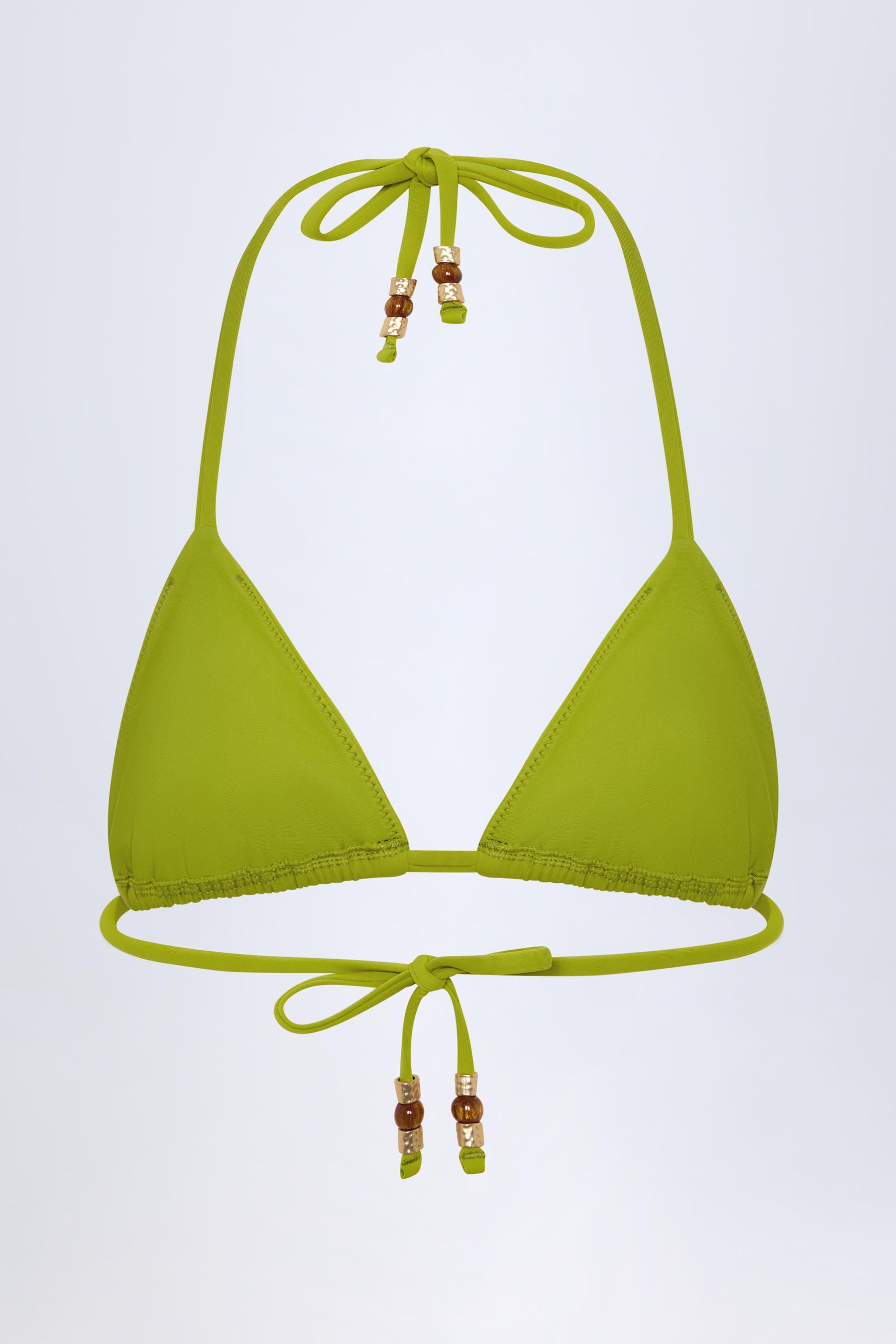 Zeytin Yeşili Renkte, Üçgen Şekilli, Şık Detaylı Bikini Üstü