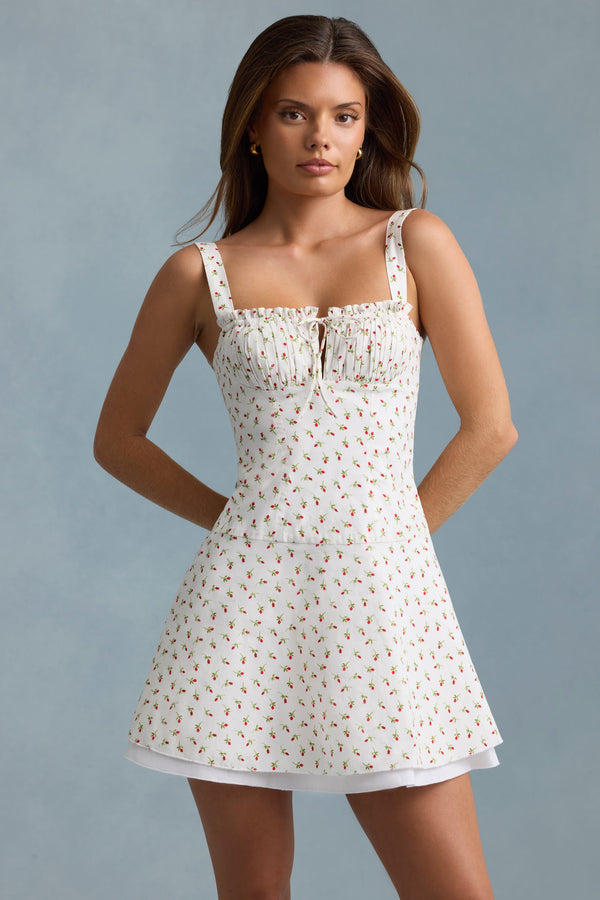 Gül Desenli Bağcıklı Pamuklu Poplin Mini Elbise